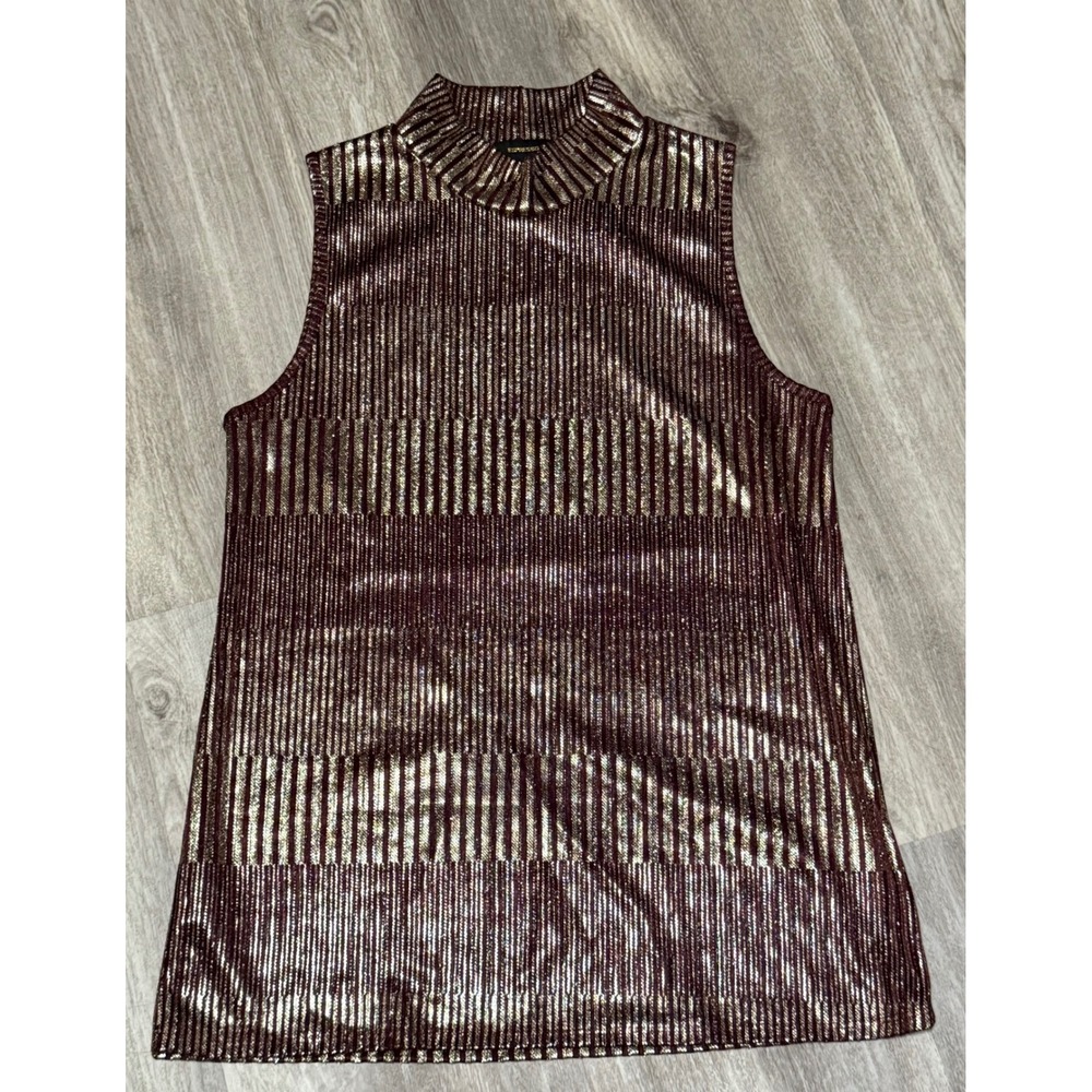 Espresso Metallic Sleeveless Top Mock Neck Party Sparkle Blouse L